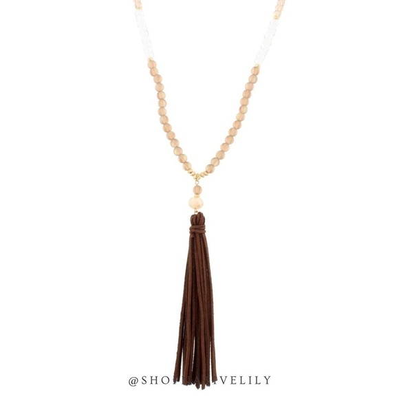 NWT Jane Marie Opalized Moonstone & Champagne Beaded Tassel Necklace, Brown - Picture 1 of 3